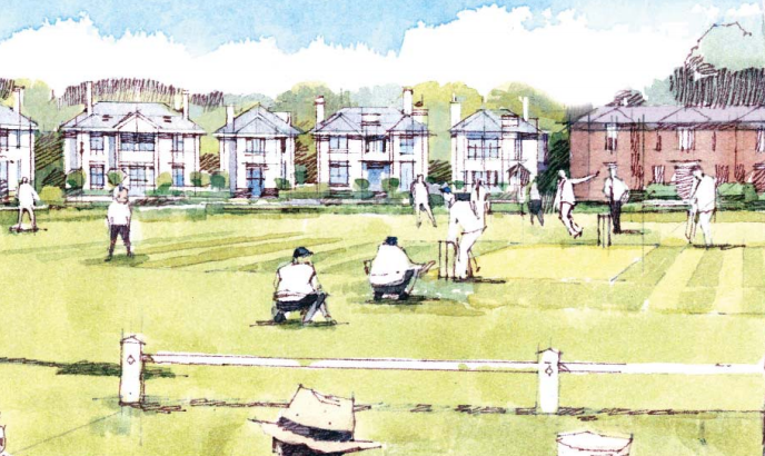 Artists impression of a cricket match at the new village green